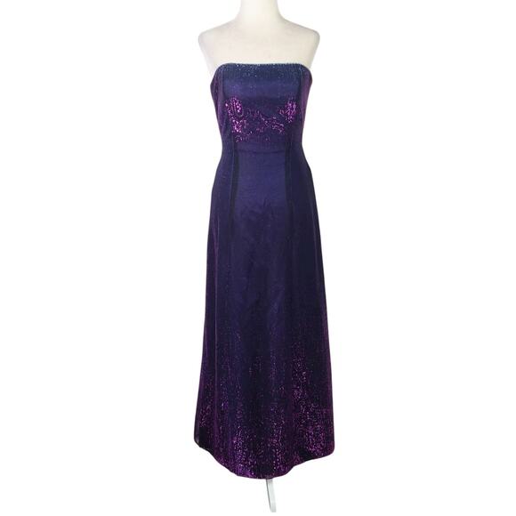 Vintage 90s Night Way Purple Damask Iridescent Shiny Strapless Maxi Dress Gown - Picture 1 of 6